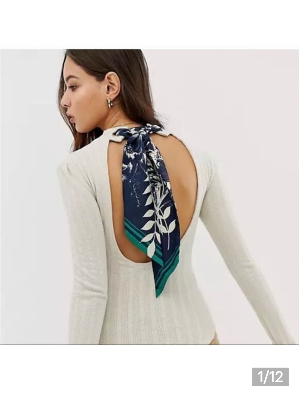 Free People Cream Ribbed Long Sleeve Top with Navy & Teal Scarf Tie